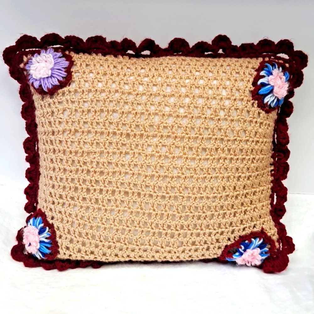 - Vintage crocheted  16 x 15 floral accent pillow
